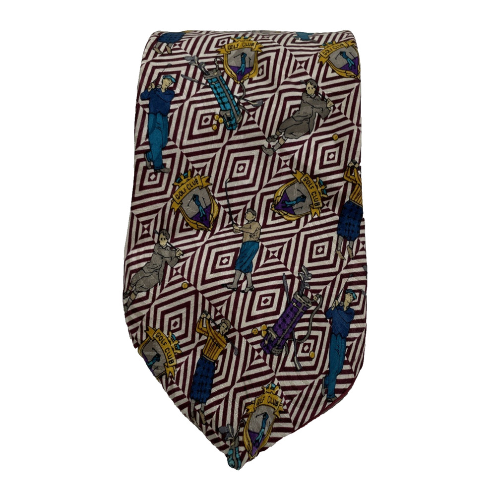 Accents Isaac Zelcer 100% Silk Necktie Tie Golfer Golf Balls Clubs Bags Novelty